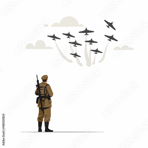Military Airshow: A lone soldier stands in contemplation, watching a squadron of military jets perform a breathtaking aerial display against a cloudy sky.