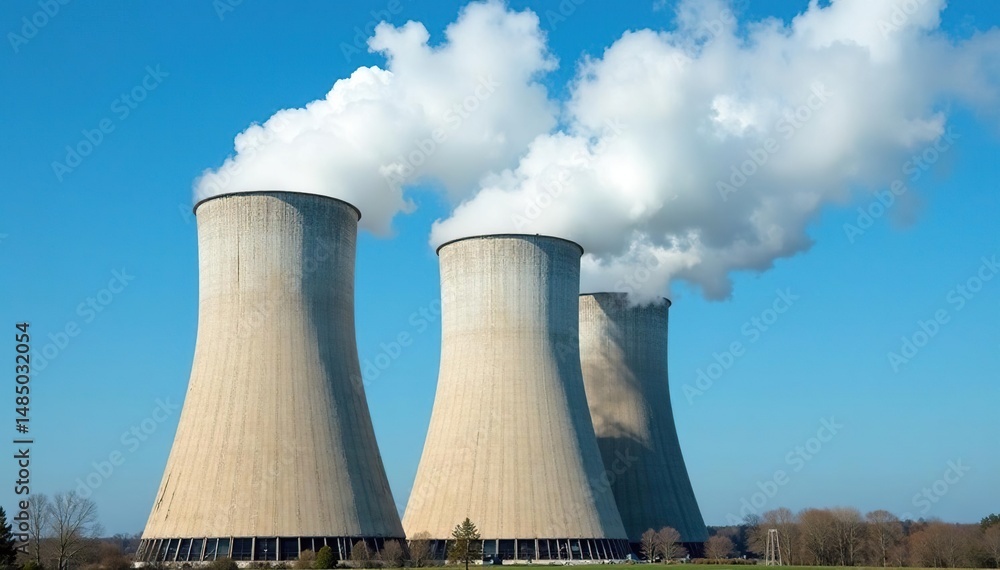 Large industrial cooling tower emitting vapor against a blue sky , large scale, infrastructure Large industrial cooling tower emitting vapor against a blue sky , large scale, infrastructure