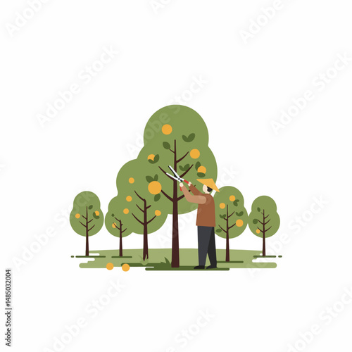 The Gardener's Art: A meticulous gardener, armed with shears, tends to an abundant fruit tree under the open sky, showcasing the beauty of rural living and the rewards of cultivation.