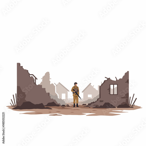 Solitary Figure in a War-Torn Landscape: A single soldier stands amidst the ruins of a ravaged town.