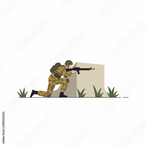 Stealth Combat: A soldier in camouflage gear focuses on a target, embodying precision and vigilance. The graphic illustration represents the intensity of armed conflict and military operations.