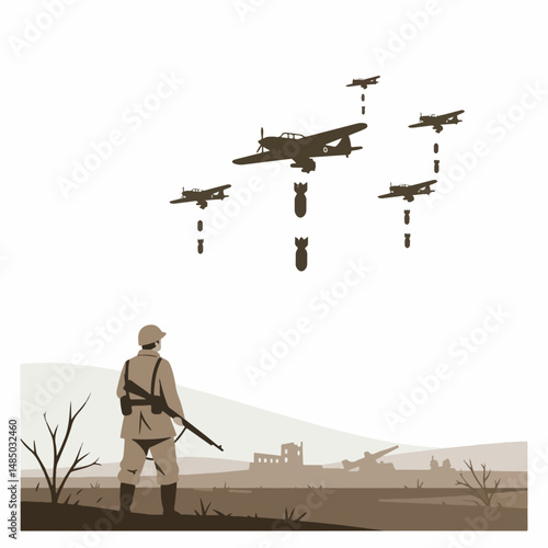 Aerial Warfare: An illustration captures a poignant moment, as a soldier stands watch, observing the aerial ballet of war planes. The planes, poised to drop their deadly cargo.