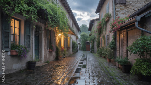 Picturesque european streetscape illuminated by soft light during a gentle rain shower