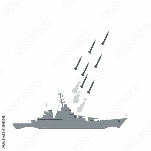 Military Vessel's Missile Launch: A detailed graphic depicts a military vessel in action, launching a barrage of missiles into the sky, with focus on the precision and force of the armed technology.