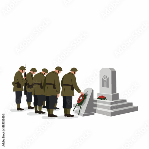 Remembrance and Respect: An illustration depicts a solemn ceremony honoring fallen soldiers at a memorial, emphasizing respect, memory and loss. 