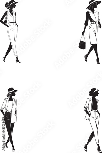 Elegant black and white vector illustration of fashionable women in stylish poses, modern fashion silhouettes, high heels, trench coats, flowing dress, minimalistic line art, runway-style models.