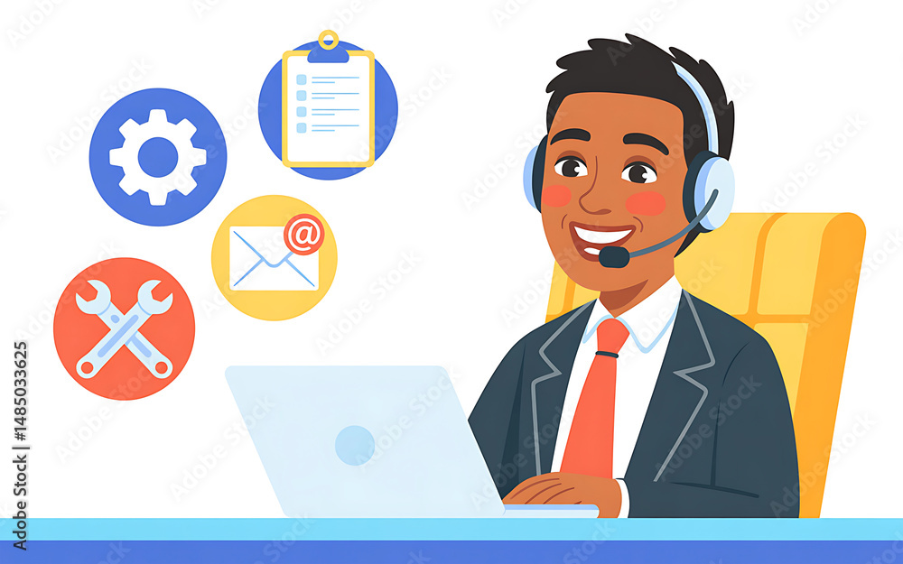 Cheerful customer service representative working on a laptop with support icons around Cheerful customer service representative working on a laptop with support icons around