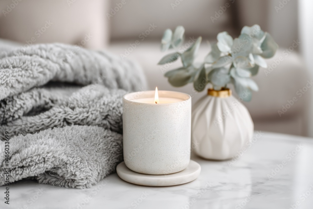 Cozy Still Life Photo of Lit Candle with Blanket and Eucalyptus in Vase on Marble Tabletop in Home Interior Cozy Still Life Photo of Lit Candle with Blanket and Eucalyptus in Vase on Marble Tabletop in Home Interior
