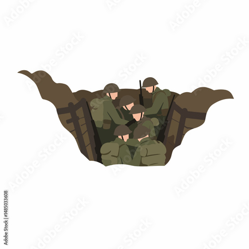 Dugout in War: Brave soldiers huddle together in a strategic trench, their faces etched with determination. The scene, a somber depiction of unity in the face of adversity.