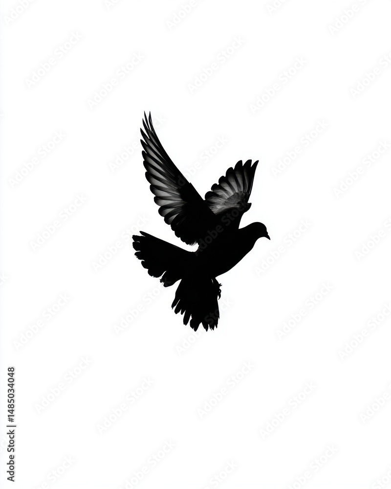 Fototapeta premium Silhouette of a Dove in Flight against White Background Symbolizing Freedom and Peace in Studio Shot