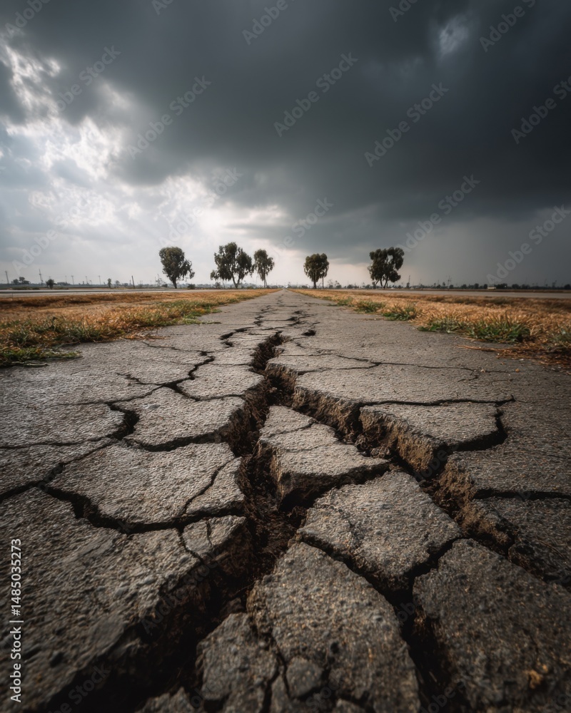Fototapeta premium Cracked Asphalt Road Leading to Distant Trees Under Stormy Sky Low Angle Perspective Damage Disaster Risk