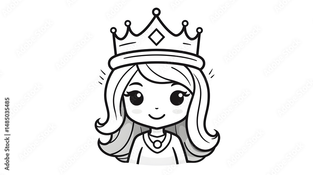 Professional outline illustration of a smiling queen wearing a crown and accessories Professional outline illustration of a smiling queen wearing a crown and accessories
