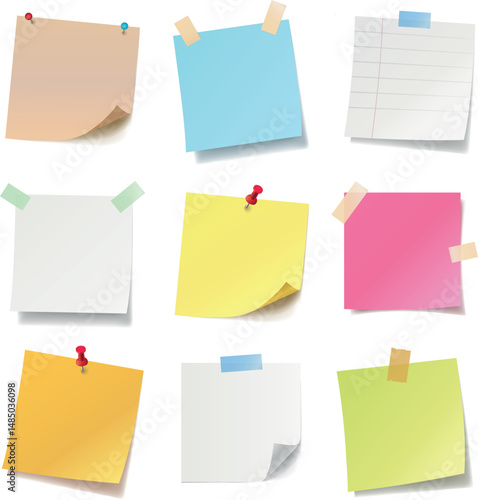 Paper notes with pin and tape. Coloured stickers, torn sheets and notebook pages. Note sticky papers with curled corner. Realistic templates for a note message. Vector illustration.