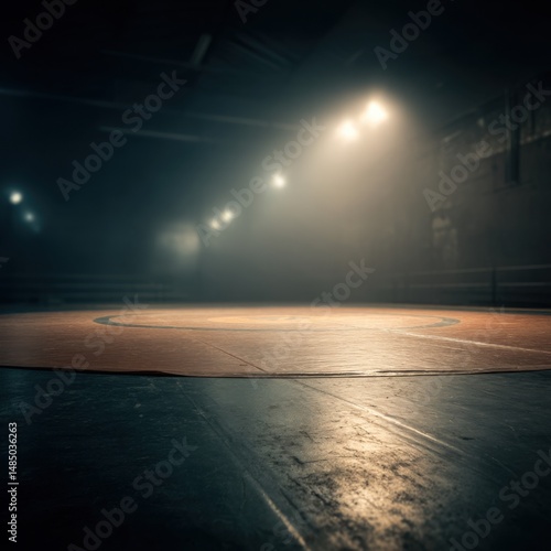 Dramatic low angle view of wrestling mat in dark gym under bright lights showing texture and detail for sports background