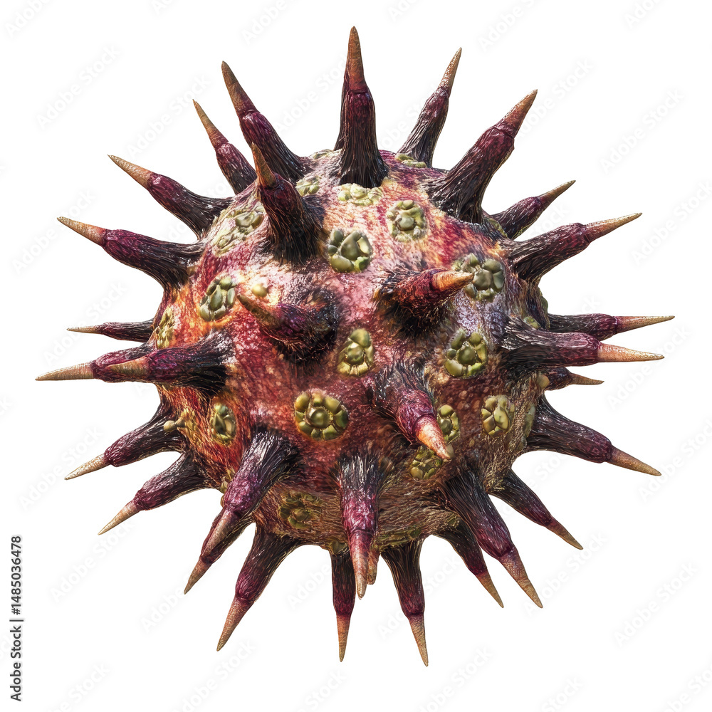 Detailed view of a virus model showcasing spikes and textures, illustrating viral structure and characteristics Detailed view of a virus model showcasing spikes and textures, illustrating viral structure and characteristics