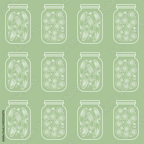 Seamless pattern with pickled cucumber jars, line art vector illustration.