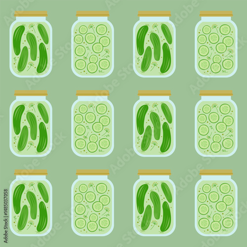 Seamless pattern with pickled cucumbers, vector illustration.