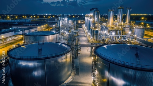 Illuminated aerial view of industrial complex chemical processing and storage tanks at night