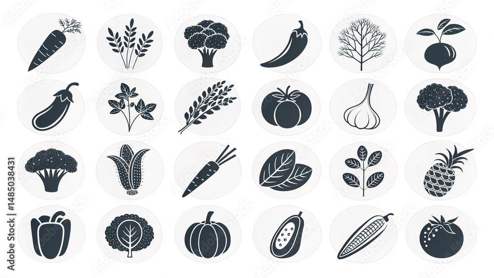 Fototapeta premium Black and white icon set of assorted vegetables like carrots, tomatoes, and broccoli. Isolated on white background.