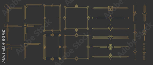 Collection of geometric art deco ornament. Luxury golden decorative elements with different lines, frames, headers, dividers and borders. Set of elegant design suitable for card, invitation, poster.