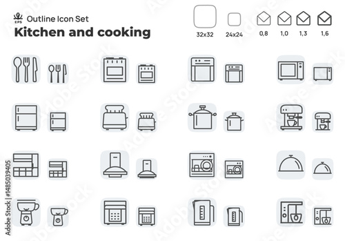 Kitchen and kitchen equipment. Concept editable stroke outline icons set isolated on white background flat vector illustration. Pixel perfect