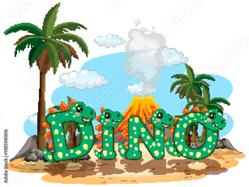 Playful Dinosaur Alphabet with Volcanic Background