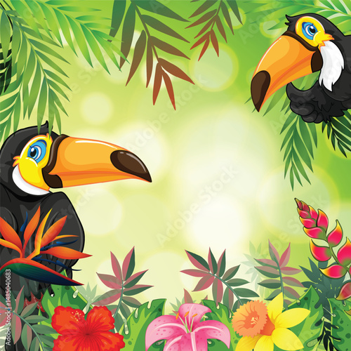 Tropical Toucans with Exotic Floral Background