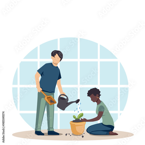 Vector illustration of two people planting a potted houseplant at home, nurturing growth and caring for indoor greenery