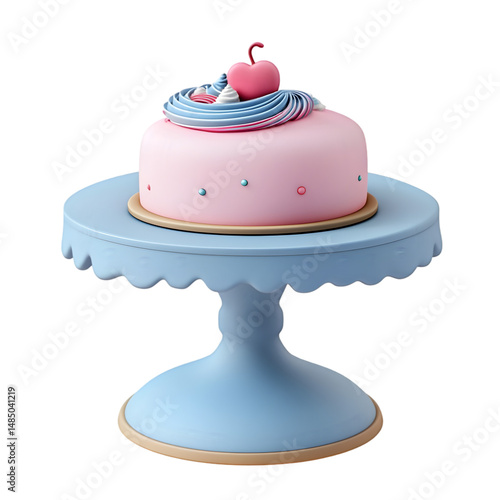 Charming, stylized cake presented on a light blue stand, featuring a pink frosting and colorful swirls.