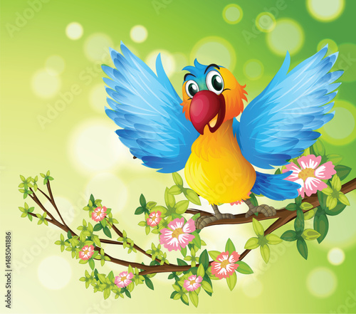 Cheerful Bird on Blooming Branch Illustration