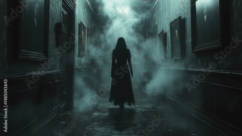 Dark figure walks down a haunted hallway