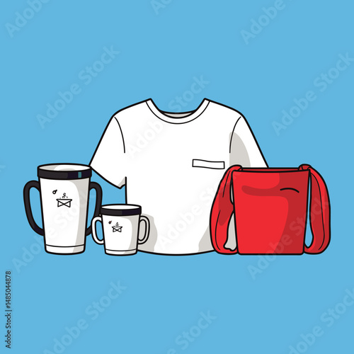 White T-Shirt with Coffee Mugs on Red Background Vector
