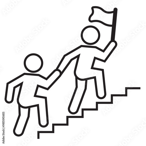 A vector graphic shows two figures ascending a staircase. One figure in the lead holds a flag, while the other figure follows closely, holding onto the leader's hand, representing teamwork, leadership