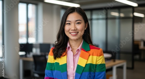 Smiling Woman Wearing a Rainbow Blazer in a Modern Office