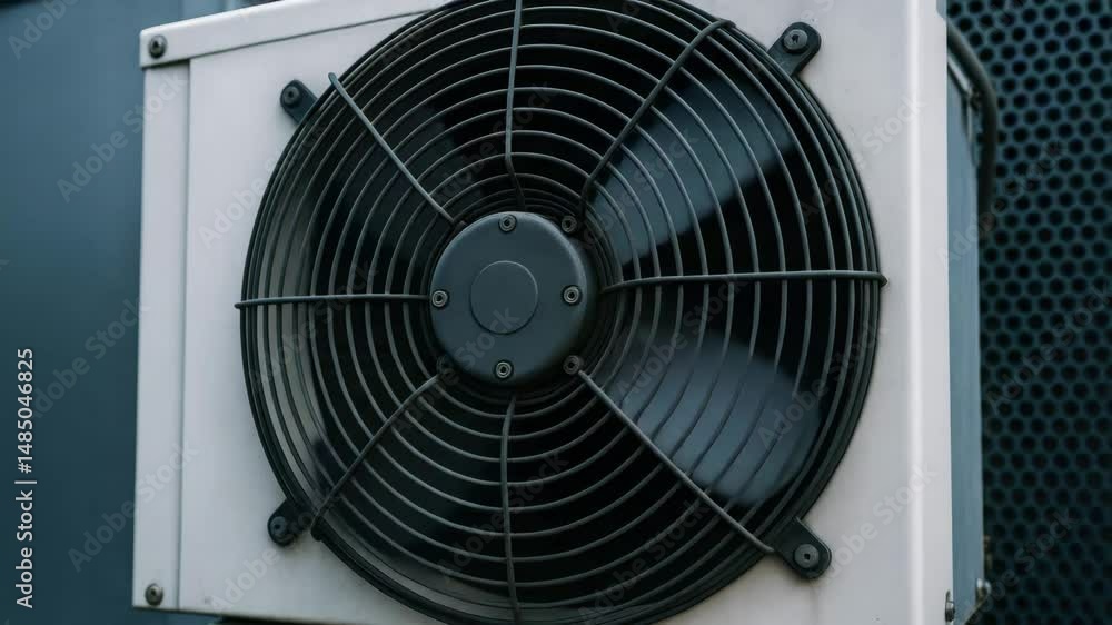 Industrial power plant cooling fan with metal protective grill and black blades for ventilation and air circulation ensuring efficient operation