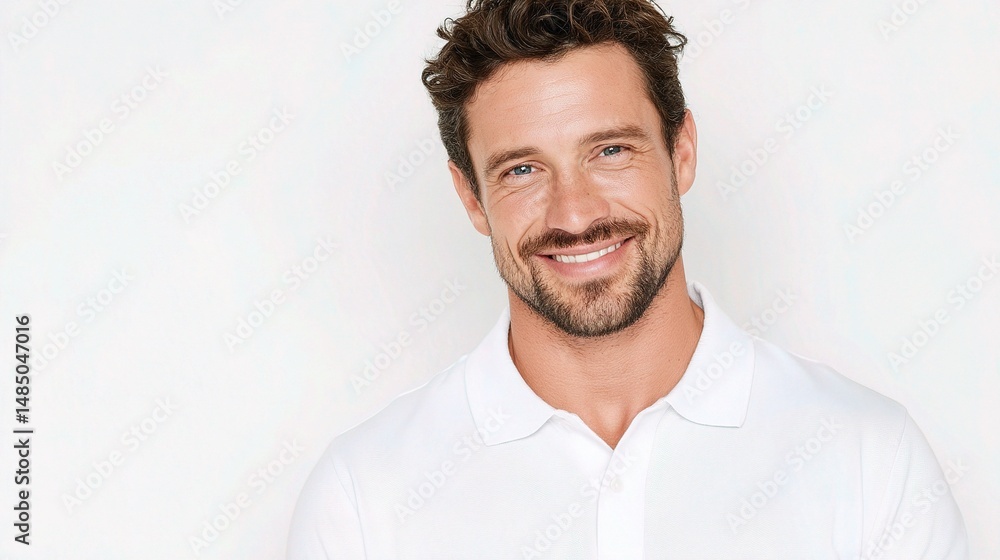 Beaming Man in White Polo Shirt Against a Simple White Background Beaming Man in White Polo Shirt Against a Simple White Background