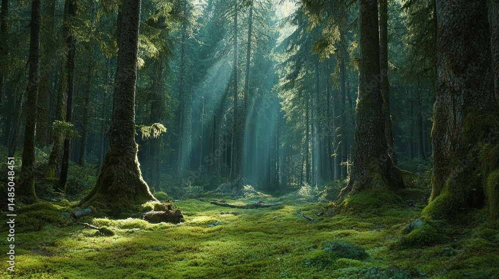 Fototapeta premium Sunlit forest mossy green landscape with sunlight beams