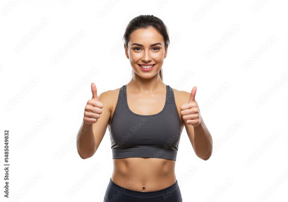 Smiling fitness woman giving thumbs up isolated on white background Smiling fitness woman giving thumbs up isolated on white background
