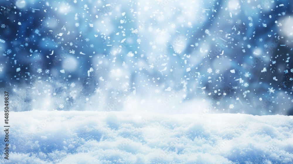 Fototapeta premium Snowy winter landscape; falling snow; bokeh background; holiday card