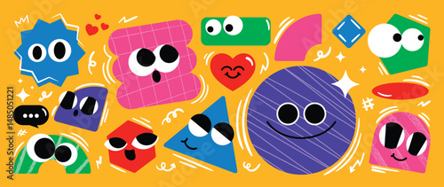 Set of colorful funny shape element vector. Collection of cartoon characters, cute doodle dawn, geometric, speech bubble with fun eye. Design for decorative, sticker, toys and kids.