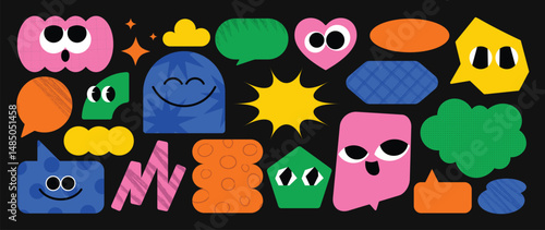 Set of speech bubble and funny shape element vector. Collection of cartoon characters, cute doodle dawn, geometric, organic shape with fun eye. Design for decorative, sticker, toys and kids.
