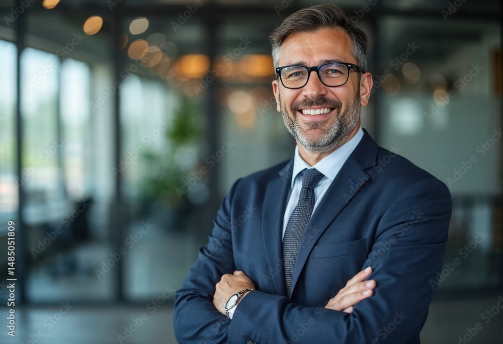 Fototapeta premium Confident Businessman in Suit and Glasses Standing with Arms Crossed