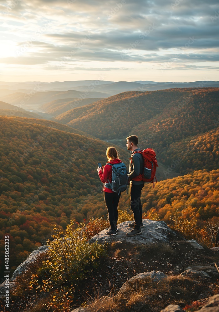 Fototapeta premium Golden Hour Hike: Couple's Autumn Mountaintop View