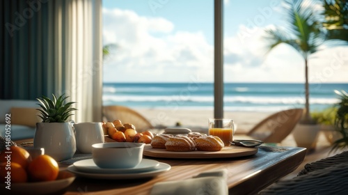 Fototapeta Naklejka Na Ścianę i Meble -  Luxurious breakfast setting with pastries and fruit overlooking a beautiful tropical beach view
