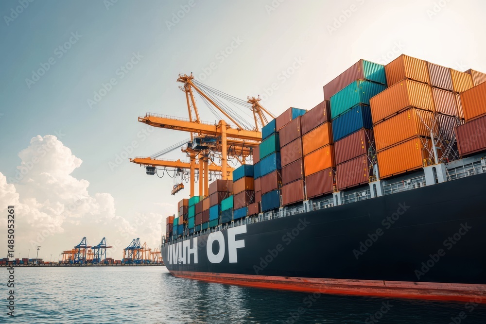 Fototapeta premium Large container ship docked at a busy port with cranes, loaded with cargo containers, illustrating global shipping logistics and international trade.