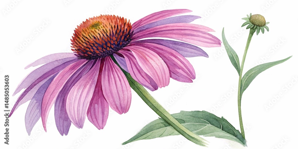 Fototapeta premium Echinacea, watercolor clipart illustration with isolated background.