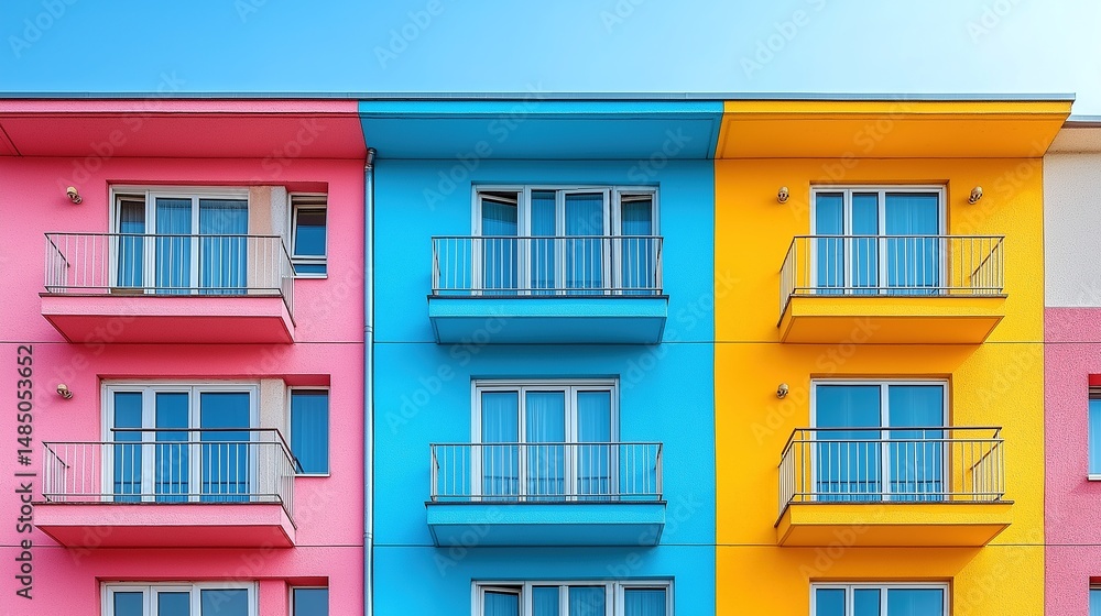 Obraz premium Pastel facade with simple details, a clean urban backdrop. Minimalist charm in soft daylight.