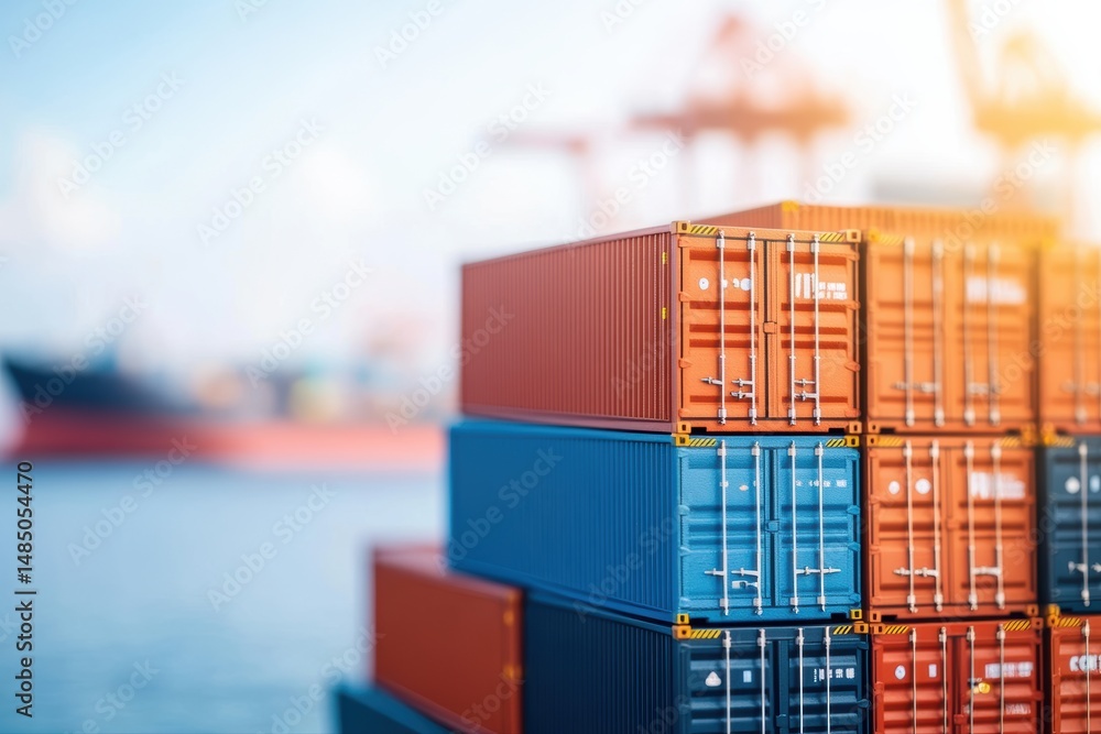 Fototapeta premium Colorful Shipping Containers Stacked in Port Area under Clear Blue Sky with Cranes in Background for Global Trade and Logistics Visuals