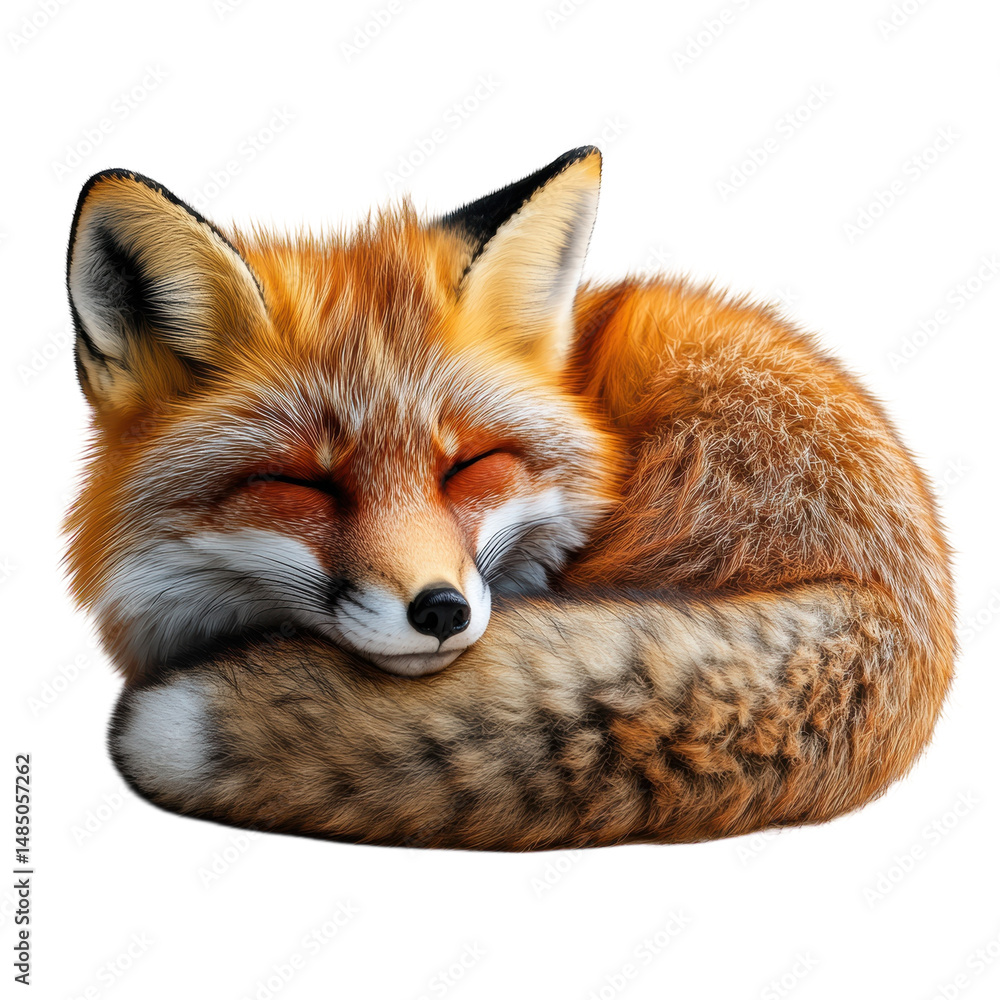 Fototapeta premium A curled up red fox peacefully dozing embodying tranquility and rest on a on transparent background