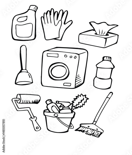 set of cleaning elements doodle vector illustration